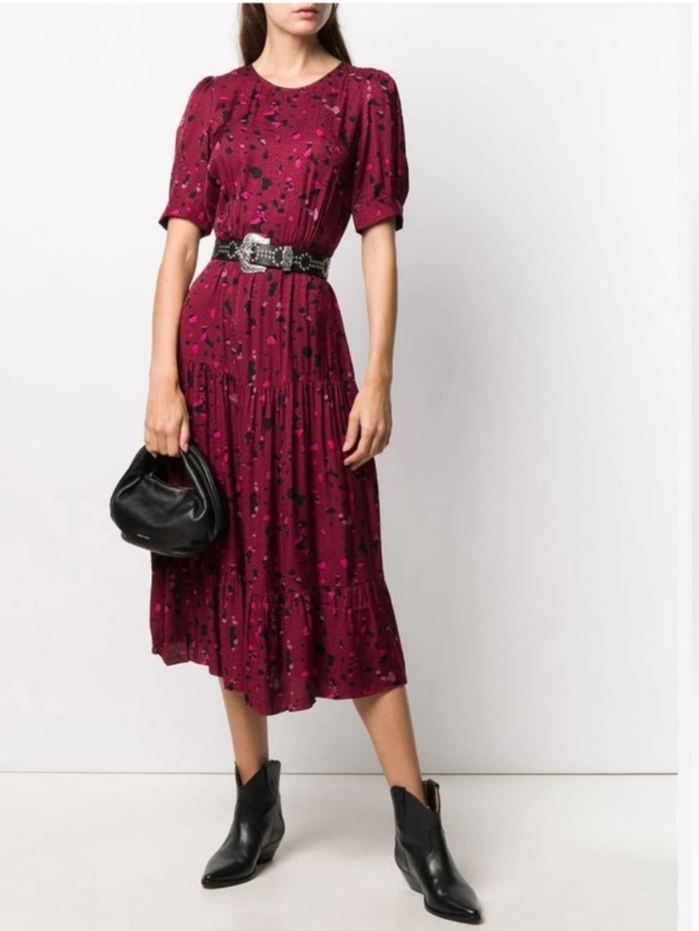 BA&SH Tonya Short Sleeve Tiered Midi Dress Multicolor Abstract Print Size 4